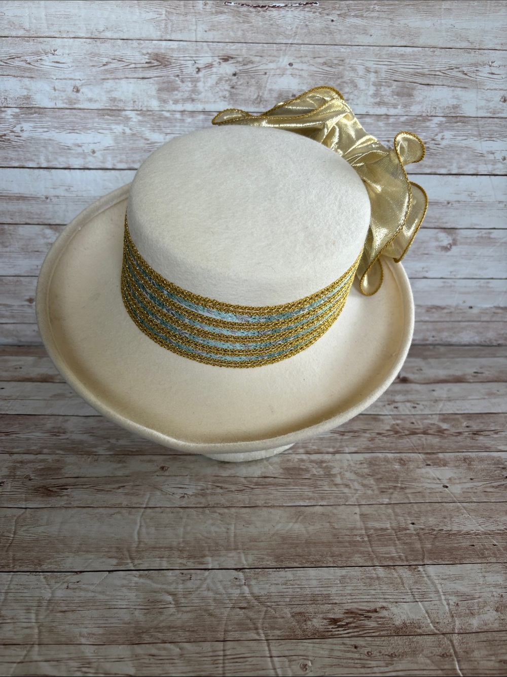 Vintage Ivory Dress Hat with Gold Ribbon Accent - Picture 4 of 10